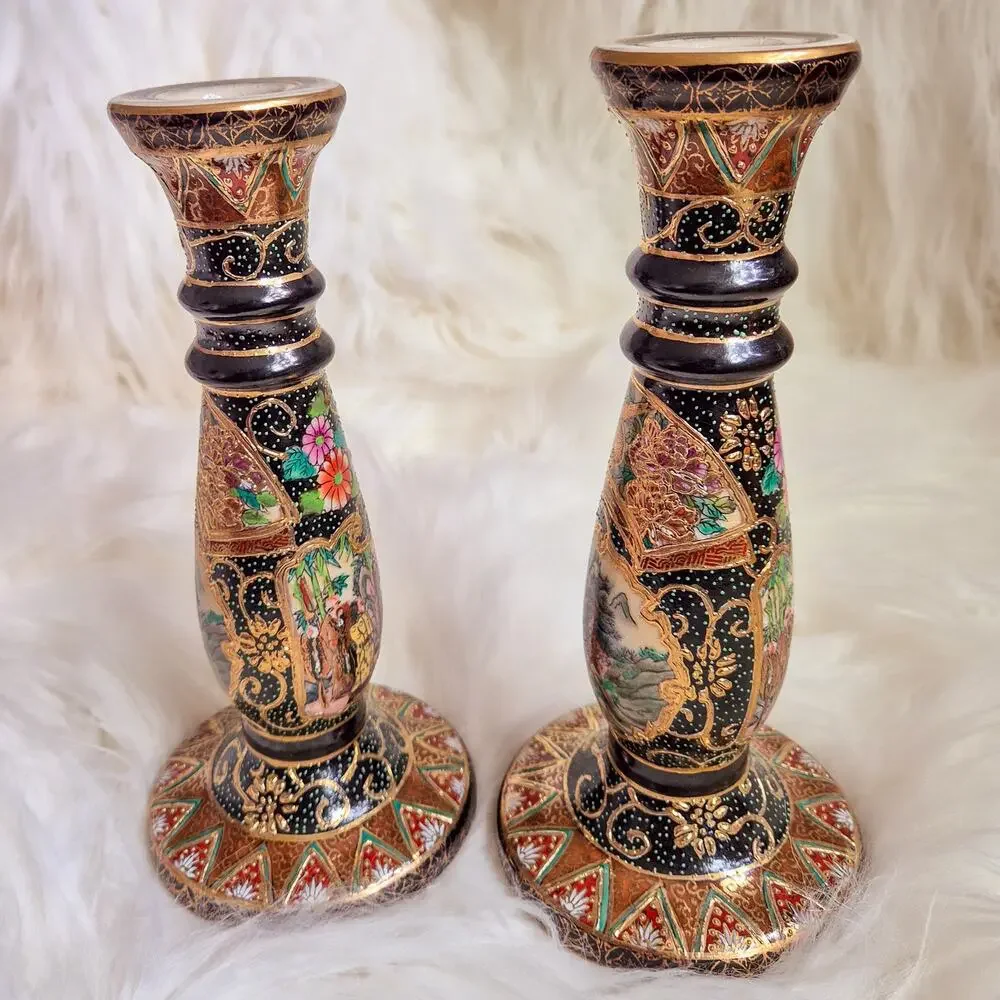 Vintage Handpainted Chinese Scholar Satsuma-style Porcelain Candlesticks
